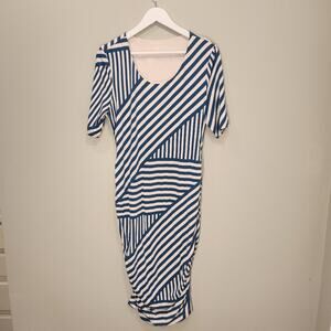 A Pea In The Pod Maternity Dress Midi Blush Pink Teal Geometric Pattern - Size L